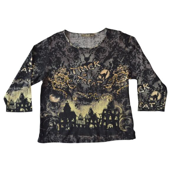 Jane Ashley Halloween Trick or Treat Tee XL | Y2K Sequined Haunted House Shirt - Picture 1 of 5